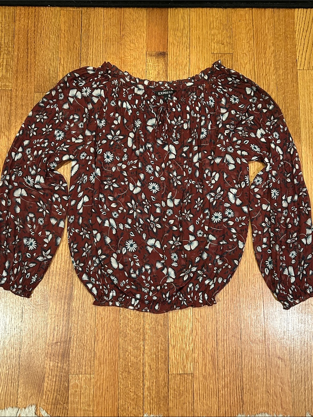 Express Rust Floral Smocked Neck Blouse